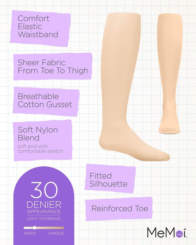 MeMoi Essential Sheer Nylon Tights for Girls, Ultra Soft and Lightweight Opaque Girls Tights - Sizes A-12, Nude, 6-8 - Image 3